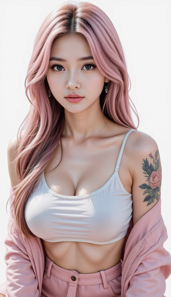 Bright pink hair、masterpiece、Pastel Tones、bikini、Large Breasts、Big Ass、Beautiful Hair、Glowing Skin、Beautiful body、Long eyelashes、Angle from the front、Standing、smile、In 8K、Highest quality、Straight long hair、Sexy look、Full Body Tattoo