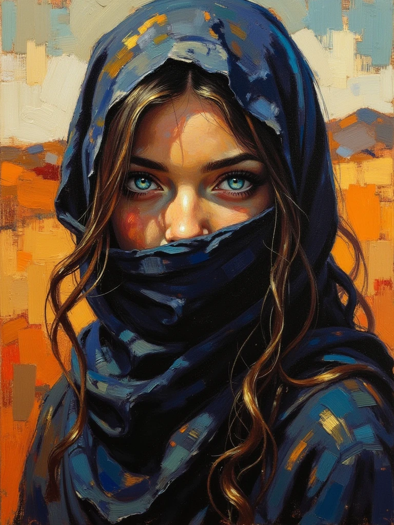 expressived impasto oil painting. warms colors, full figure of a beautiful young woman in a cloth standing at the desert, Impressionisticpainting, A close-up portrait of an eyes of mysterious woman with expressive glowing blue eyes, partially covered by a dark cloth at the desert. The cloth wraps around her head and lower face from nose to neck, revealing only her eyes and part of her glowing eyes. Her eyes are striking, detailed, and reflective, framed by long lashes and delicately arched eyebrows. The background is a painterly mix of warm and cool brushstrokes in shades of orange, brown, and blue, giving the image a rich, oil painting texture. Cinematic lighting, deep shadows, and dramatic color contrast emphasize the depth and emotion in her gaze., Heavy chiaroscuro. Golden light reflecting, Vibrant colour palette with earthy tones. Thick brushstrokes. Masterpiece. High detail. Realistic. Atmospheric, Impressionism, Depth Of Field, Long Hair, glaring eyes,