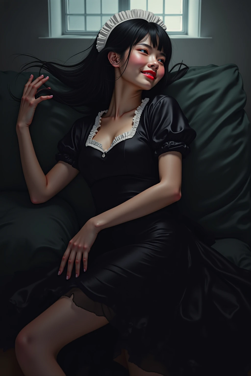 Kuroma（Kurona）、seductive adult woman shedding white tears。her glossy black hair is spreading out as if dancing in the air,、her whole body is leaning back in a shrimp pose,。
her cheeks are hot and flushed,、her eyes are slightly unfocused and rolled up,、The mouth is half open。her tongue is peeking out,、her breathing is ragged,。
her arms are thrown back as if relaxed,、her feet are slightly turned in,。she is dressed in a classic black maid's outfit,、her collar is slightly loose,、her sleeves are slipping,。
the background is a dreamy room with dim light streaming in,、Light is dancing,、he is gently wrapping around her,。
Her expression is、she is smiling ecstatically as if enveloped in uncontrollable pleasure,、she exudes an air of fragility,。