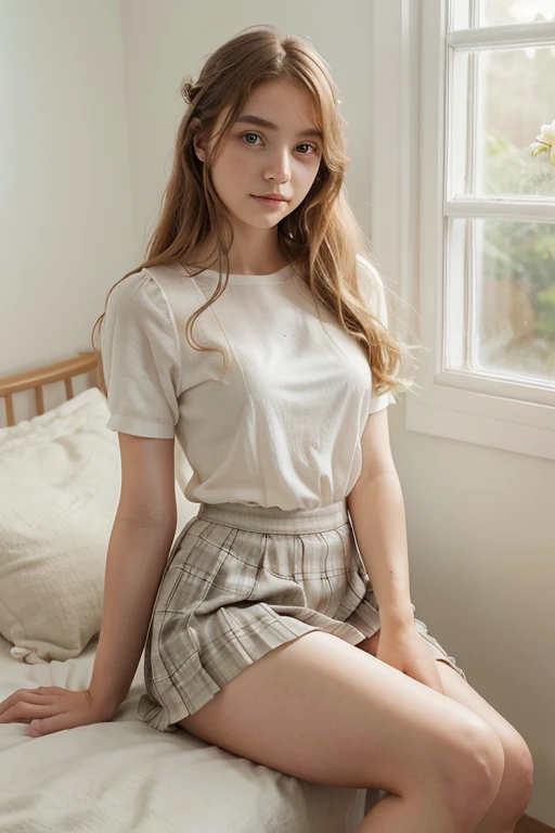 skinny, young lying on a bed , long boots, mini skirt, blue eyes, smile