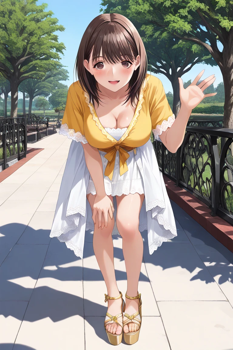 masterpiece, Highest quality, High resolution, Very detailed,(((Fine Motion))), (((White Dress))), (((smile))), Bare legs