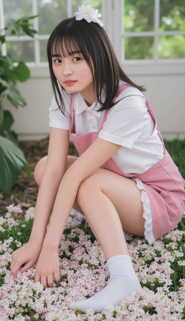 with a girl：her hair is black and short、14 years、laughter、Her face is round and cute。(((white and pink mini apron)))、Floral。white sandal shoes、The ribbon is attached to the ankle。(running in the meadow with a girl:1.3)、scene：There is a beautiful scene floating in the background.、blue sky, White cloud, Green meadows and colorful flowers。The scene is softly painted like a watercolor painting.、It's a dreamy atmosphere。The scene expresses the imagination and sensibility of the girl、Pubic hair shows completely naked pubic hair) ,more_be familiar with:1.5, (More and more_be familiar with:1.9)、