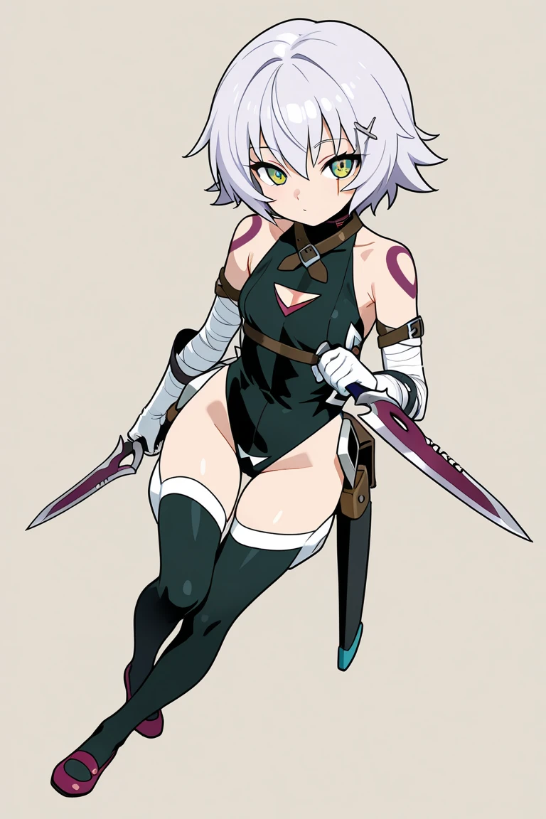 JackTheRipperFA, Lavender hair, short hair, scar, shoulder tattoo, 1girl, solo, crop top, turtleneck, clothing cutout, belt buckle, sleeveless, arm belt, lowleg panties. Bandage, navel, gloves, thigh boots 