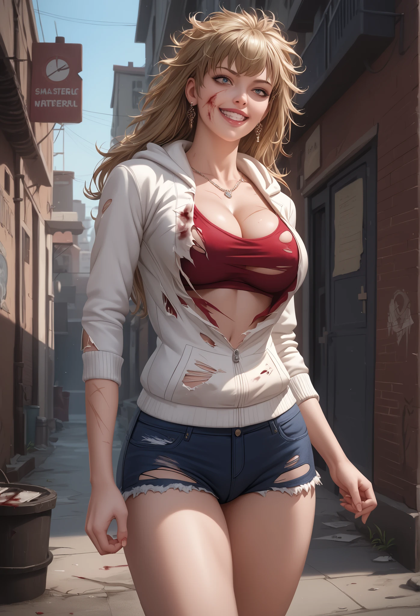 masterpiece, best quality, amazing quality, very beautiful, Absurd, latest, scenery, anatomically correct, 16k, UHD, accurate, expressive, {{1girl solo}}, illustration, masterpiece, ultra-detailed, {{detailed shading, detailed skin}}, {{realistic skin}}, BREAK, detailxl, Details, high definition, 8k, Ultra High Resolution, soft saturation, professional quality, perfect contrast, Anatomically Accurate, masterpiece, crazy smile, young, cleavage, big breasts, scars on body, white hoodie, torn clothes, torn hotpants, hotpants, bloody clothes, alley, action pose, pubic hair, visible pubic hair, messy hair, alley during the night, 