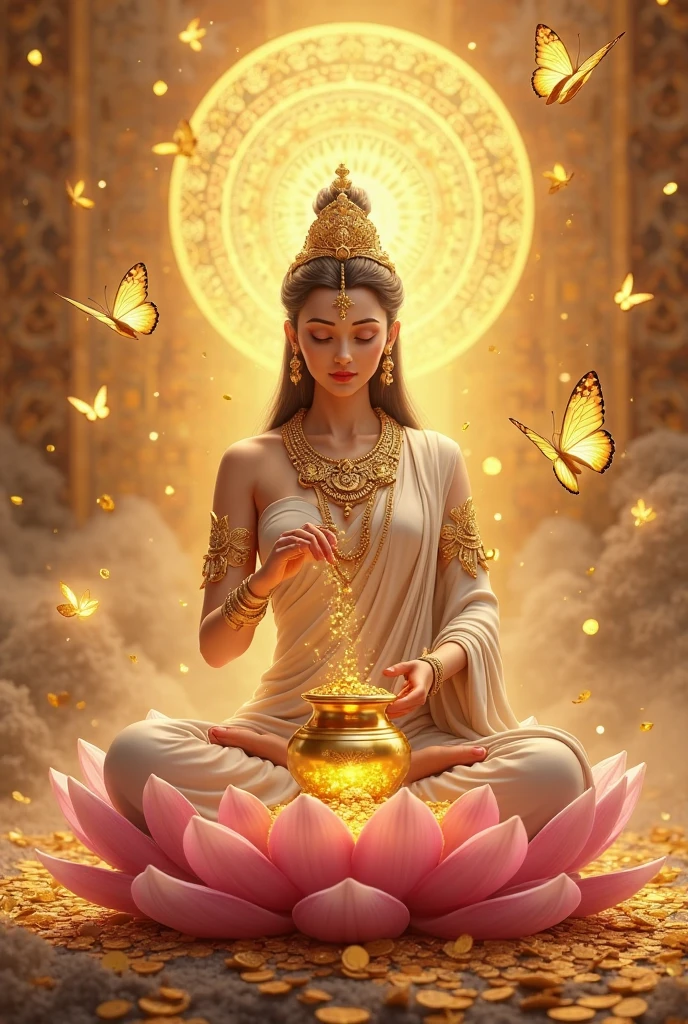  * "A female goddess sitting on a lotus, pouring gold coins from pot to pot, golden light and golden butterflies around a golden and orange background, with a golden ancient symbol"
 * ", a digital painting of the goddess wearing gold jewelry, sitting in meditation on a pink lotus, blessing with a gold coin, light Holy Light, Golden Butterfly, Auspicious Atmosphere"
 * "Create an AI image of the Goddess of Wealth and Fortune, sitting on a pink lotus, a gold coin flowing from the hand into a gold pot, a golden secondary glow, butterflies flying around the background with a golden sacred pattern"
You can modify the description and add the details you want to highlight so that the AI can create the image exactly as you want it.
Put on runes, symbols of good luck, finance, love, success, put on the talisman of the Blessed Mother of God.