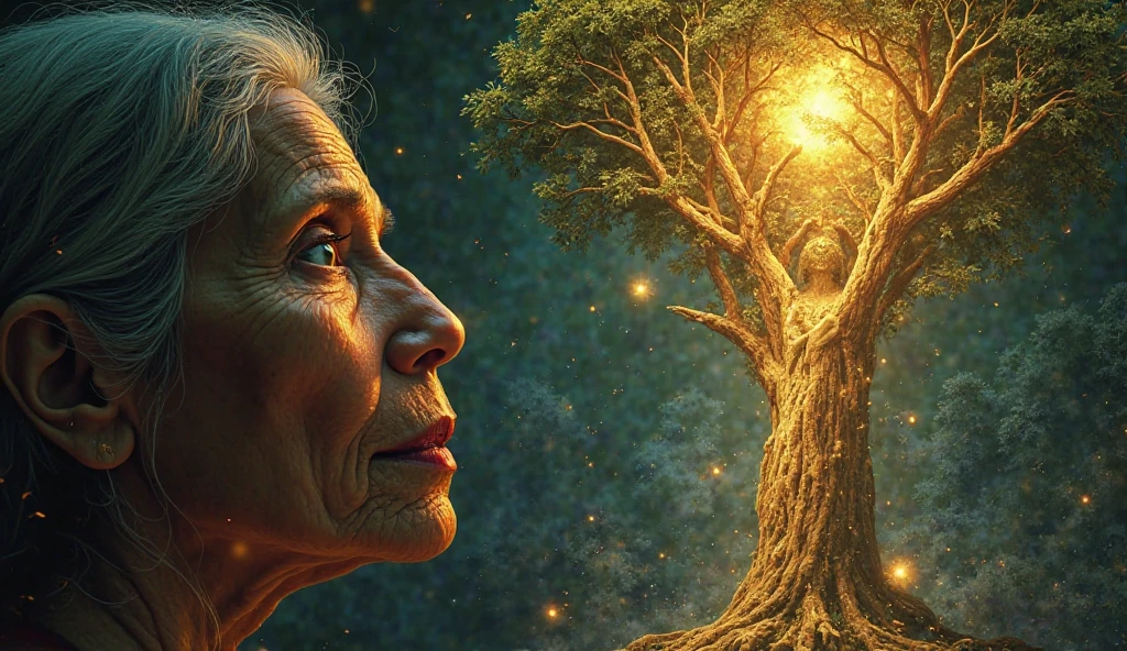 *"A mystical Tanjore-style close-up of the elderly midwife's face as she reveals her prophetic dream. Her third eye pulses with golden visions, projecting an ethereal scene above their heads: the missing wife transformed into a divine mother figure, cradling not just her newborn but all unborn souls under the cosmic banyan tree. The husband's tear-streaked face reflects this vision in his widened pupils - his shattered world now intersecting with eternity.*  

**Key Details:**  
1. **The Revelation:**  
   - Midwife's lips emitting glowing Tamil letters "கனவு" (dream)  
   - Her gnarled fingers weaving the vision into existence  
   - 70 years of medicinal knowledge trembling in her voice  

2. **The Vision:**  
   - Wife as a celestial being with multiple arms (one cradling, one blessing, one clutching jungle herbs)  
   - Newborn connected to Annamalai by a golden umbilical cord  
   - Distant village women's prayers visible as fireflies  

3. **The Husband's Epiphany:**  
   - Realization dawning through his tears  
   - Bloodied hands now slack with awe  
   - Shadow slowly reforming into a protector's stance  

**Art Style:**  
- Kerala mural dynamism in the vision  
- Gold leaf ONLY on:  
  - Projected dream sequence  
  - Floating Tamil letters  
  - Umbilical connection  
- Hyper-realistic textures of aged wisdom  

**Lighting:**  
- Blue earthly light on their faces  
- Golden cosmic glow from the vision  
- Medicinal herbs emitting bioluminescent particles  