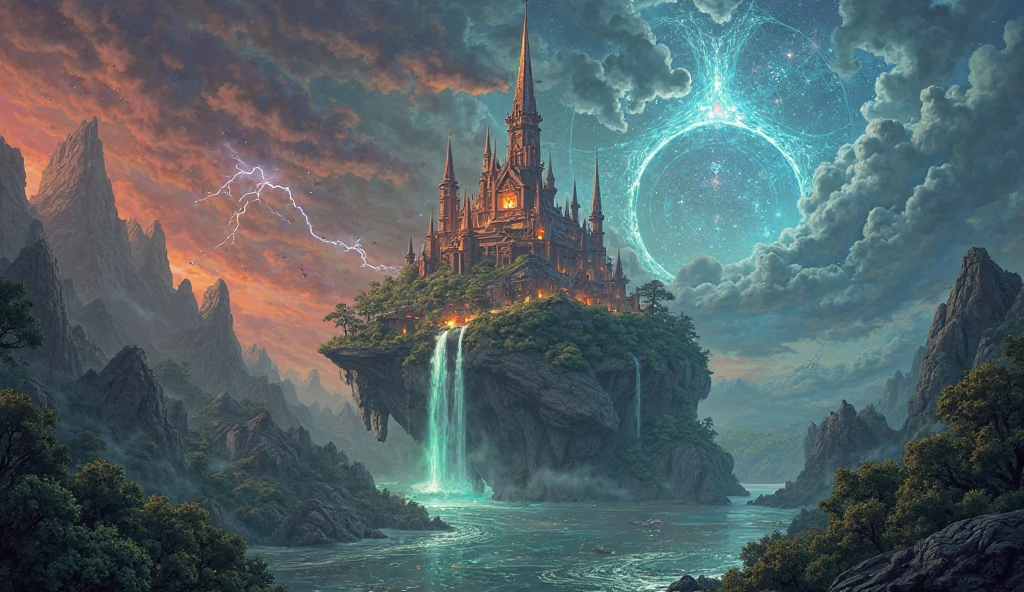 floating island, magical academy, celestial theme, fantasy map, arcane spire, ancient ruins, magical architecture, glowing crystals, ley lines, magical circle, starry sky, fantasy city, crystal towers, floating rocks

lush forest, glowing forest, bioluminescent plants, druid, nature magic, ancient trees, enchanted forest, green magic, forest guardian, primal magic

volcano, volcanic region, lava, fire magic, elemental magic, blacksmith, fire mage, magma, ash clouds, scorched earth, red sky, fantasy mountains

islands, ocean, archipelago, floating islands, water magic, coral architecture, mystic ocean, seer, prophetess, illusion magic, tide magic, seashell buildings

storm, lightning, thunderstorm, floating city, wind magic, sky mage, crystal monoliths, sky palace, storm clouds, aerial architecture, storm deity

fog, swamp, marsh, necromancer, shadow magic, gothic fantasy, twilight, mysterious mist, soul magic, silver lake, enchanted mirror, dark magic, haunted marsh

fantasy factions, elemental factions, magical conflict, fantasy prophecy, celestial orrery, arcane energy, ancient magic, worldbuilding, fantasy world, magic convergence
