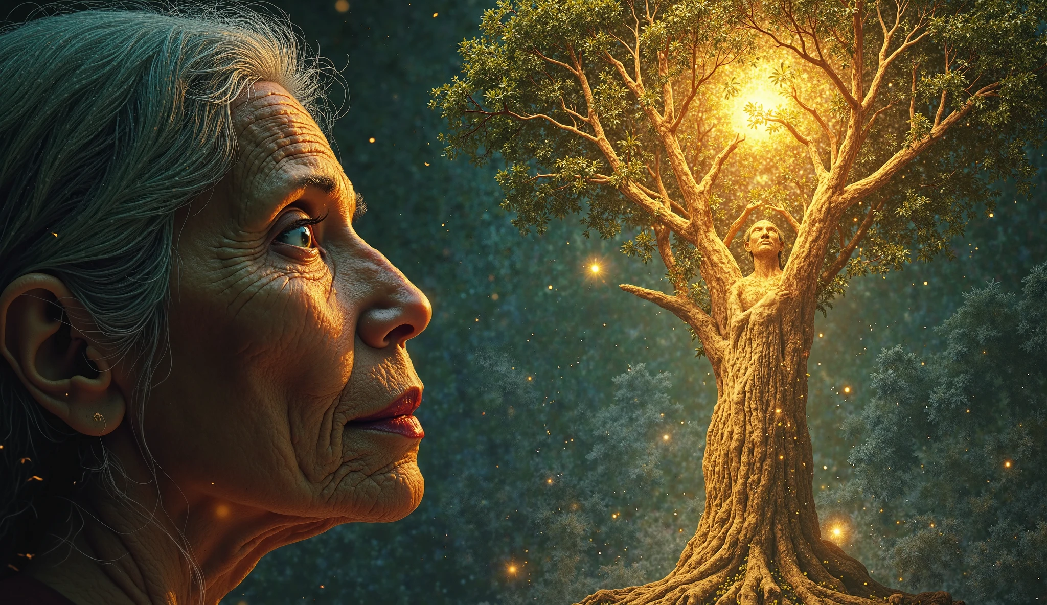 *"A mystical Tanjore-style close-up of the elderly midwife's face as she reveals her prophetic dream. Her third eye pulses with golden visions, projecting an ethereal scene above their heads: the missing wife transformed into a divine mother figure, cradling not just her newborn but all unborn souls under the cosmic banyan tree. The husband's tear-streaked face reflects this vision in his widened pupils - his shattered world now intersecting with eternity.*  

**Key Details:**  
1. **The Revelation:**  
   - Midwife's lips emitting glowing Tamil letters "கனவு" (dream)  
   - Her gnarled fingers weaving the vision into existence  
   - 70 years of medicinal knowledge trembling in her voice  

2. **The Vision:**  
   - Wife as a celestial being with multiple arms (one cradling, one blessing, one clutching jungle herbs)  
   - Newborn connected to Annamalai by a golden umbilical cord  
   - Distant village women's prayers visible as fireflies  

3. **The Husband's Epiphany:**  
   - Realization dawning through his tears  
   - Bloodied hands now slack with awe  
   - Shadow slowly reforming into a protector's stance  

**Art Style:**  
- Kerala mural dynamism in the vision  
- Gold leaf ONLY on:  
  - Projected dream sequence  
  - Floating Tamil letters  
  - Umbilical connection  
- Hyper-realistic textures of aged wisdom  

**Lighting:**  
- Blue earthly light on their faces  
- Golden cosmic glow from the vision  
- Medicinal herbs emitting bioluminescent particles  