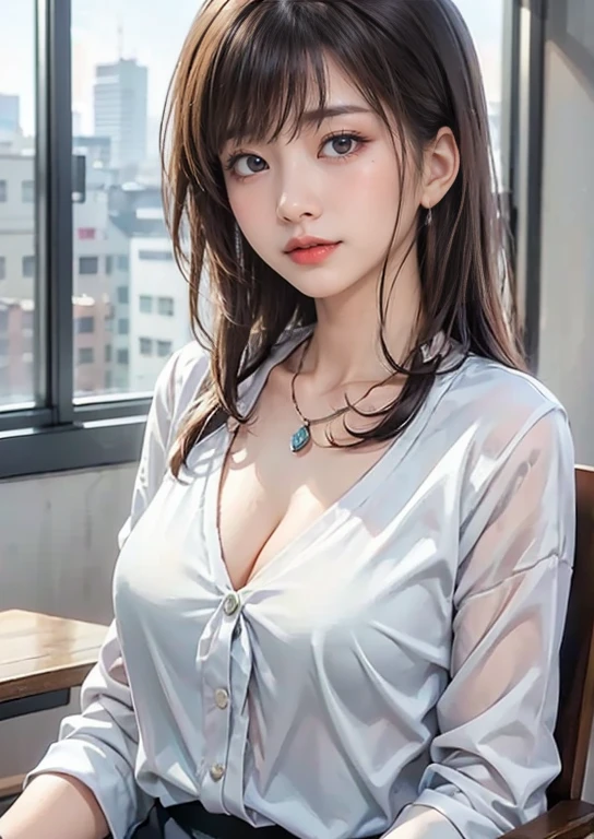 (masuter piece、Best Quality、Top image quality、high-detail、top-quality、Top resolution、Draw everything in high resolution、extremely beautiful lady)、{a sailor suit|hi-school girl|blazers|pleatedskirt|a miniskirt|Colossal tits} student clothes)、Intense crystal light blue eyes、very pale colored eyes、Smaller diamond-shaped earrings、Look firmly at the camera、Put your ears out、Beautiful black hair、Beautiful very short beautiful hair with bangs、Show off all the beautiful décolletés、Beautiful 28 years old、lipgloss、long neck、Happy smile、Beautiful teeth alignment、Beautie、Pretty Woman、Pure white business shirt with open chest、Illuminate the light from the windowsill、slightly larger eyes、Very mature and beautiful woman、a small face、tall supermodel、Supermodel with broad shoulders、very beautiful big udder、Beautiful cleavage、Background is a scene of a school classroom