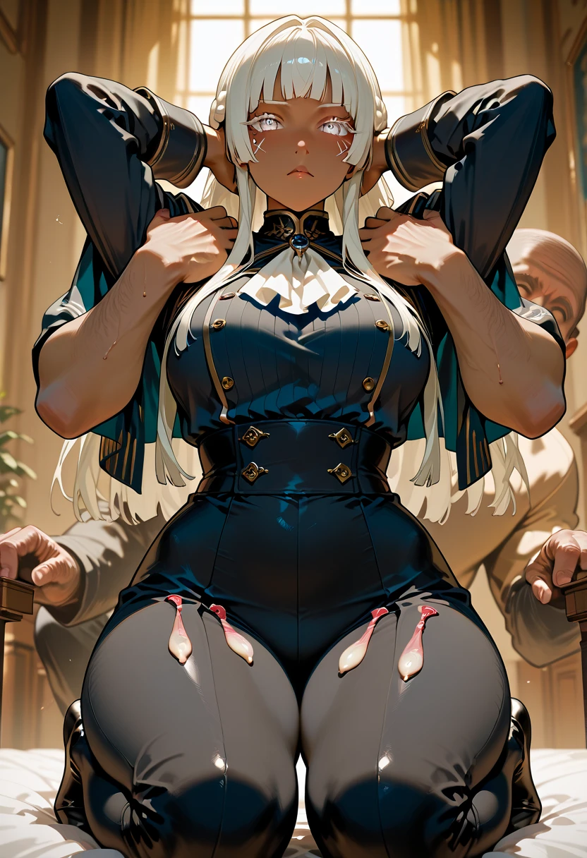 sensual, ((twins、two women))、long blonde hair, thick thighs, 8K, 4K, highest quality, High resolution:1.2), cute anime face, noise reduction, shining blue eyes, gentle smile, Gentle eyes、wearing a headband, naked, White bodysuit、toned abdominal muscles, muscular arms, muscular legs, (((exposed nipples))). , young face, anime chic eyes, Lock,,O-ring,elbow bag,collar,cuffs ,thigh strap,thigh boots, Harness、全身Harness、garter belt、(((Rear view、emphasize the buttocks、T-back that digs into your butt)))、(((big breasts、Breasts that are about to burst)))