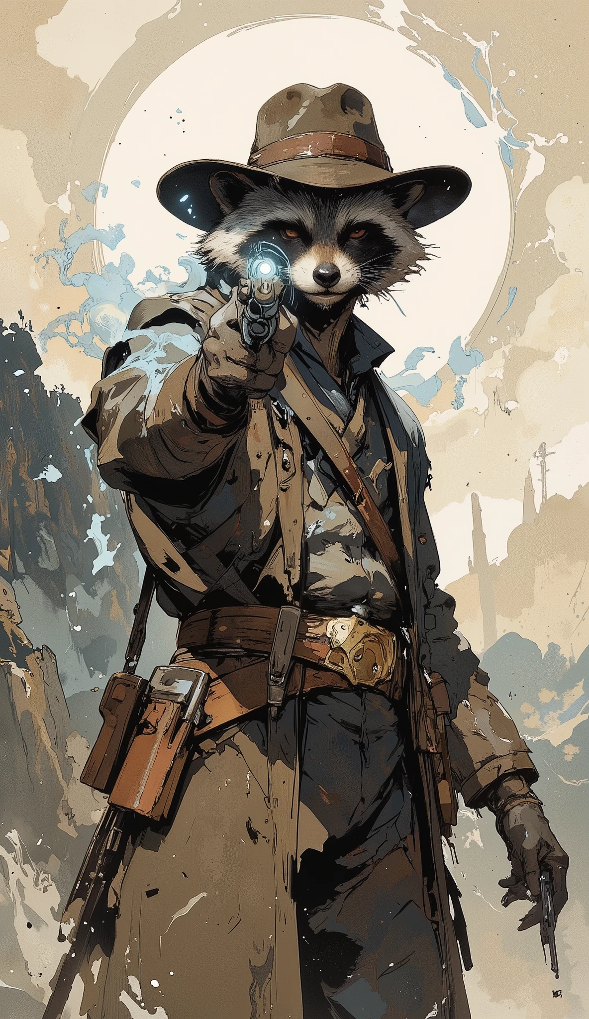 ArsMJStyle、(Zen ink wash painting)、(raccoon ,Western Gunman,vintage,aiming at viewers ),(aura:1. Hi 3) ,ArsMJStyle、(Zen ink wash painting)、ランダムなシチュエーション,angle from side