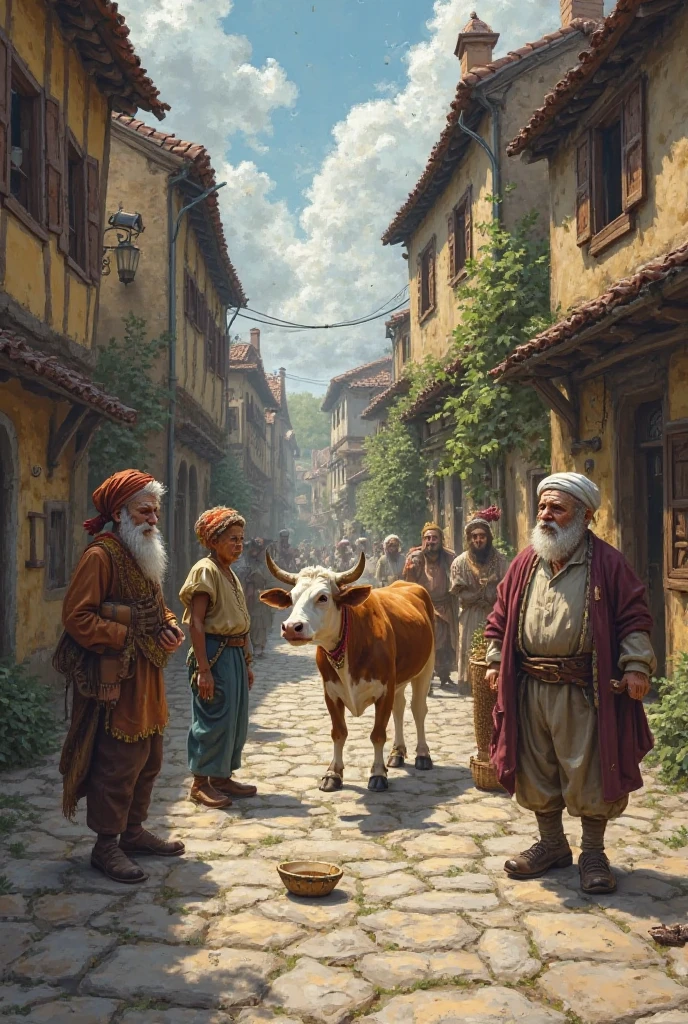 Peaceful village street. People looking confused. A cow crying near an empty milk bowl. Fishmonger pointing at empty basket. One man showing only one shoe, looking shocked.