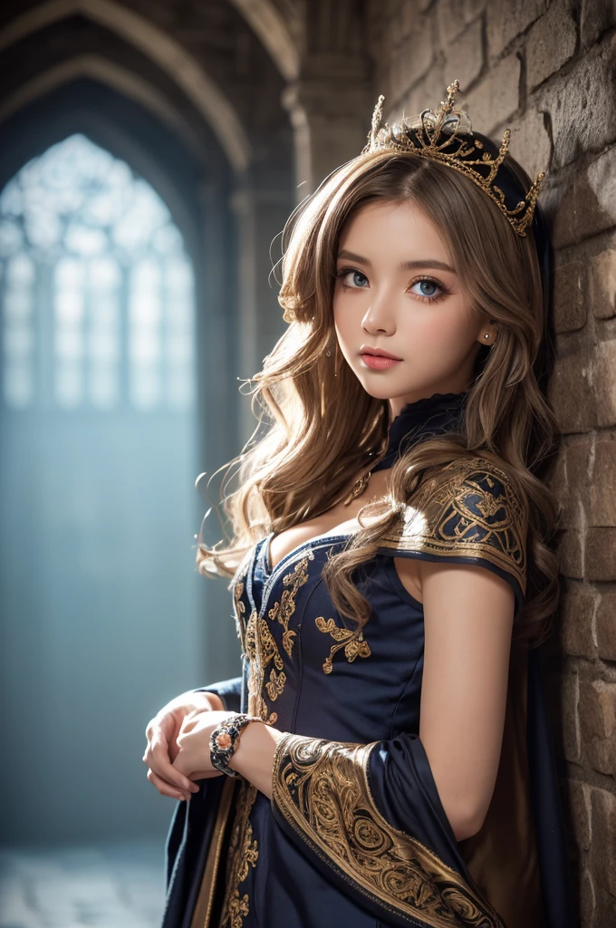 ((masterpiece)), ((best quality)), (ultra-detailed), ((kawaii)), cute, ((extremely detailed)), 4K, (8K), best quality, (beautiful), illustration, Fantasy world, upper body, (spread arms), solo, (medieval necromancer), necromancer costume, castle, romanesque architecture, evening, beautiful gray hair, (beautiful hair), beautiful deep blue eyes, ((beautiful eyes)), ((light brown-skinned)), cool,