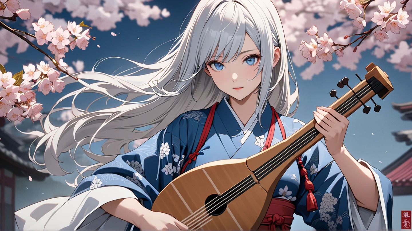 Human shaped, object（white）, objectをリメイクしたワイドパンツ, casual upper body, acrobatic,  Very utukusii face with a bouquet of cherry blossoms , An innocent modern , Mysterious Blue Eyes,  Ukiyo-e, depth of field, cowboys have been shooting since 16318, 超HD, retina, masterpiece, accurate, Textured Skin You Can Grip It on Your Knees, anatomically correct, SUPER DETAILS, More Information, High Quality, HD, 最High Quality,  Award-winning, 16k woman standing and playing the shamisen, long silver hair, mysterious blue eyes, long hair,