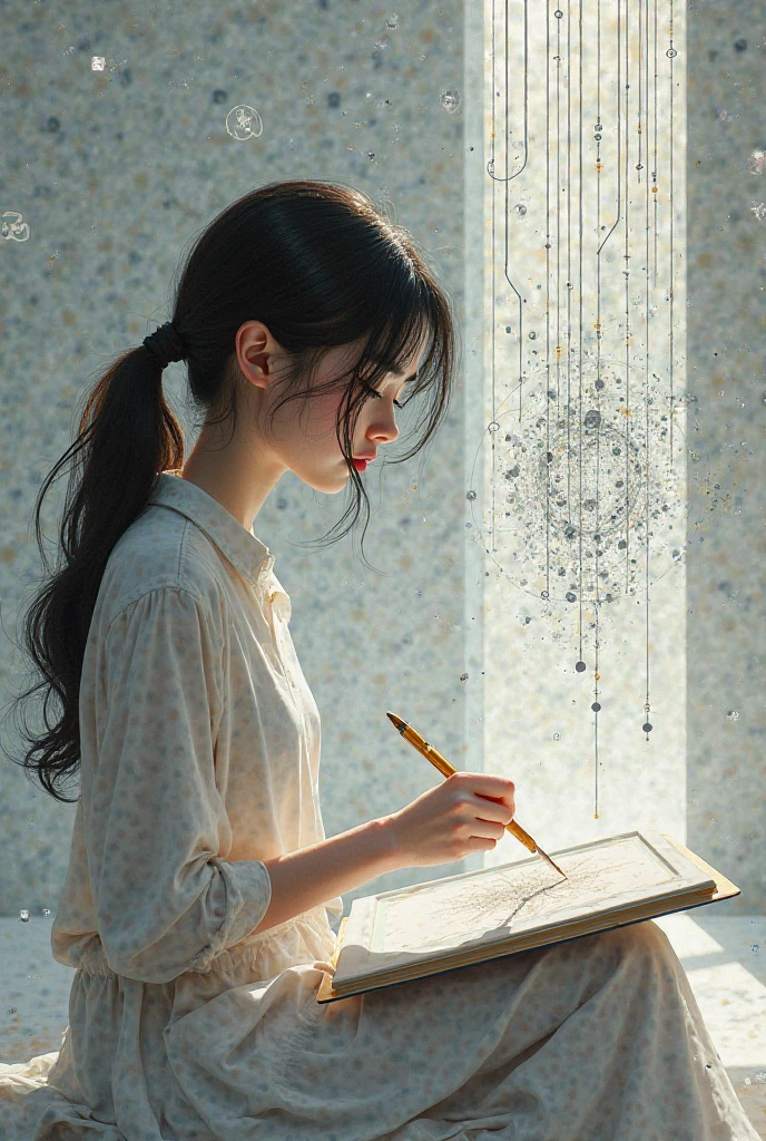 A girl sitting drawing a matrix 