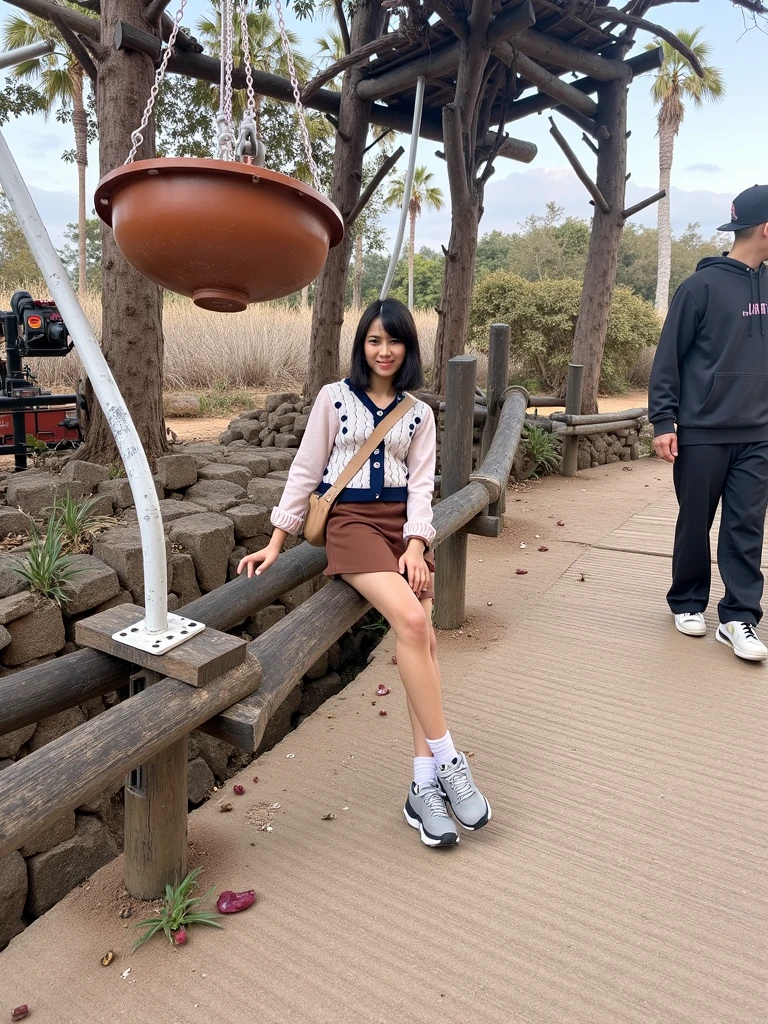 Cute girl sitting on the ground in front of a palm tree, in a park, profile picture 1024px, with a park in the background, inspired by Amir Zand, very very low quality picture, sitting on the ground, shot on nikon z9, full body photogenic shot, at a park, with a park in the back ground