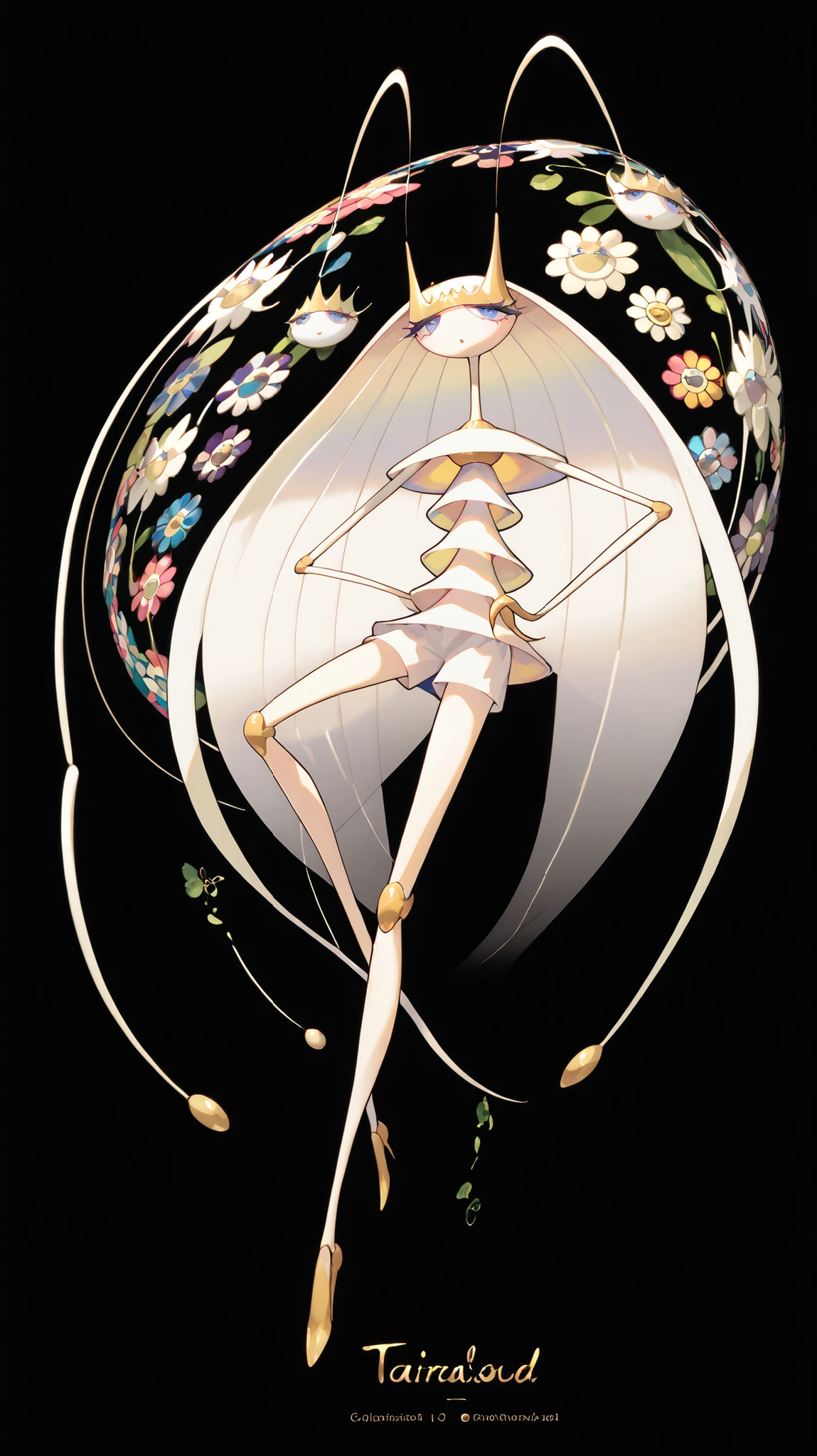 (in style of Takashi Murakami:1.0), beatiful face, feet,best quality,tonemapping, sharp focus, hyper detailed,(pheromosa),best quality,beautiful,pokemon,(2 fingers),(Clear eyes),solo,detaileds,8K,(slender:1.3),wallpaper,jumping kick,(Colorful flowers on black background:1.0), (pheromosa:1.0), intricate digital painting, highly intricate and colorful, dark but detailed digital art, Highly detailed symmetry, detailed digital artwork, Symmetrical intricate details, plethora of colors,colorful intricate masterpiece,(kaleidoscopic:1.1),(Geometric pattern background)、Sticker style,