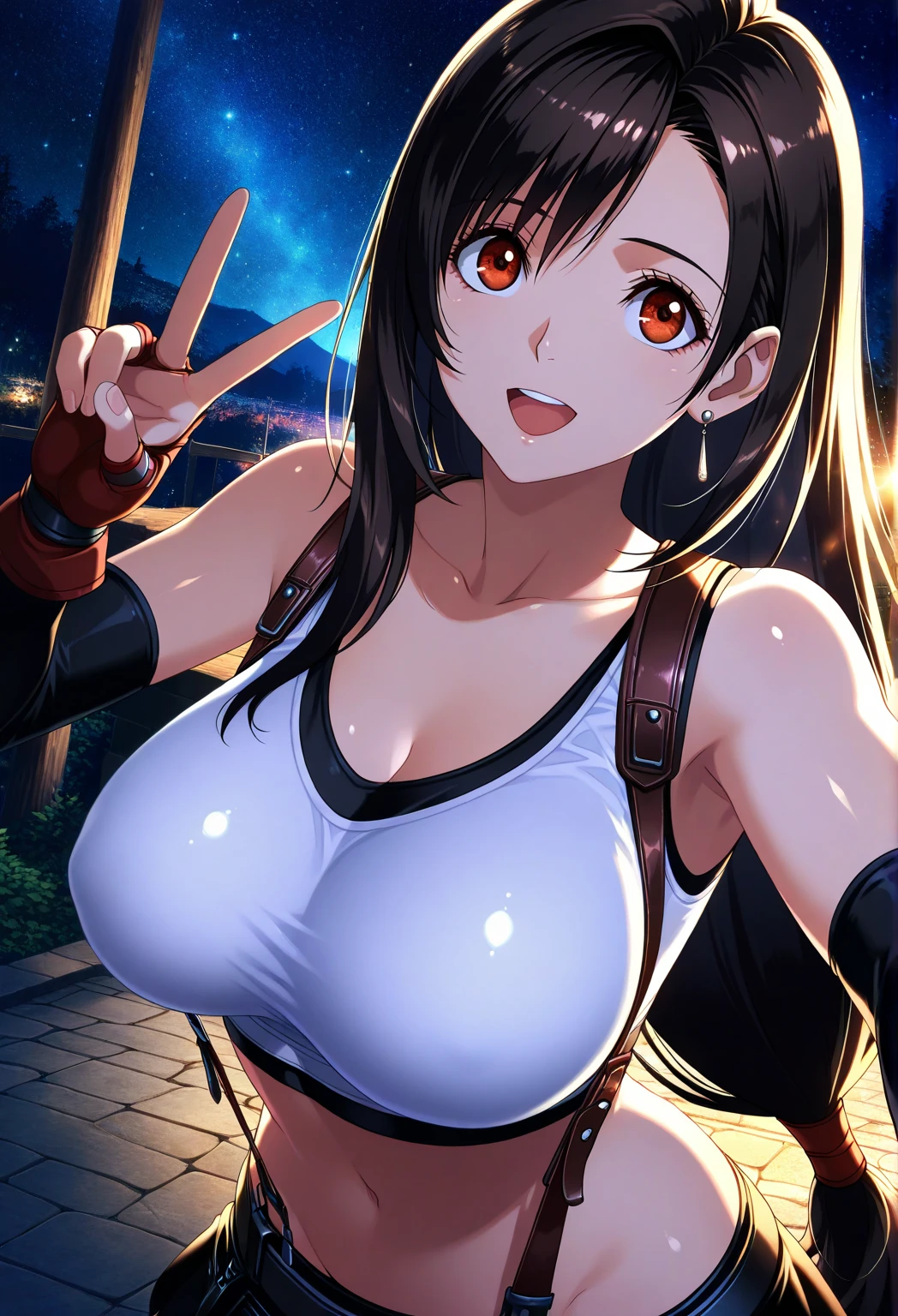 (((((tifa lockhart,Final Fantasy 7:1.5))))),((Highest quality、masterpiece、anime style、best quality、high resolution、8k、detailed、ultra-detailed:1.3))、Long legs:1.2, Beautiful woman with perfect figure:1.4、(Smiling:1.2), double eyelid、30-year-old female、((((One Woman,beautiful face,Beautiful face、Outdoor,upper body:1.5)))),Big Breasts、High resolution, accurate, Anatomically correct, High-resolution model, high quality, Very detailed, Ultra high definition、Black Hair、Straight Hair、Long Hair,Red open finger gloves,(Uplifting、action、contrapposto pose、dynamic、Dynamic pose、dynamic motion:1.5)、(((((speed lines、action lines,movement,Dynamism:1.0)))))、(blue effect)、(swimwear:1.5)、pool