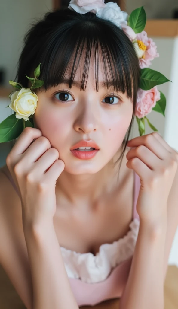 (tongue out, colorful flowers background, White and Red, best quality,ultra-detailed,physically-based rendering:1.2), realistic,portrait,beautiful young woman with long wavy hair and mesmerizing eyes,delicate facial features, Glossy Red Lips, Glistening ivory skin, ((tongue playfully licking finger, fingers delicately holding in mouth)), (close-up shot of sensual lips),subtle blush on cheeks,sensual and sophisticated, alluring gaze. full of flowers covering girl's body, (correct hand, not Detailed fingers:-0.9), (((nipple:-0.9))) .