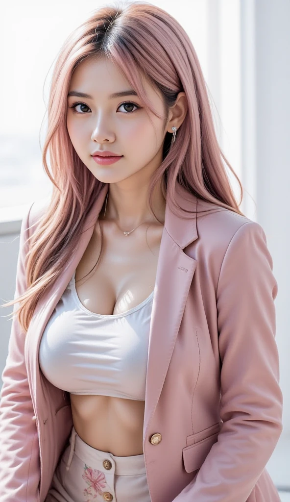 arafed asian woman in a white shirt and black skirt posing for a picture, jaeyeon nam, gorgeous young korean woman, beautiful south korean woman, korean girl, beautiful young korean woman, korean woman, heonhwa choe, korean women's fashion model, smooth white tight clothes suit, sexy look, big breast, light pink hair