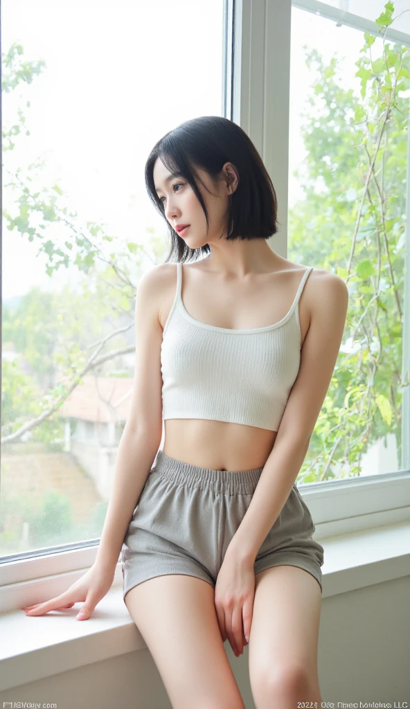 masterpiece, best quality, ultra-realistic, cute young woman, Korean idol, heart-shaped face, large almond eyes, silky black hair, small rosy lips, smiling and standing confidently, cleavage, wearing a dark blue and red cheerleading outfit, stoking legs, The outfit includes a sleeveless top and matching shorts with red accents. standing with her arms raised above her head, her hands crossed at the wrists, and her fingers slightly curled, adding depth to the scene, soft ambient lighting, minimalistic room with soft pink lighting, detailed facial features, soft shadows, 50mm lens, portrait photography.
