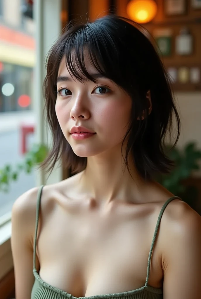 Japanese women、50 years old、Brown Hair、Shortcuts、White camisole、Ｂcup、whole body