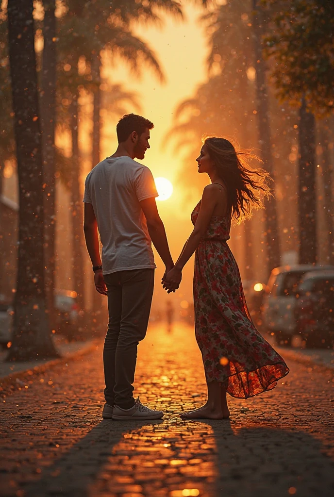 HDR photo, (full body shot ) of a couple, zombie wearing ashen blue shredded sweater, ragged pants, muddy sandals, hollow eyes, holding rotten flowers, sharing soft whispers, detailed face, located in a romantic scene at a beautiful desert oasis during twilight with breezy weather, illuminated by golden sunset, creating a tender atmosphere, ,Masterpiece,best quality, photo, realistic, very aesthetic