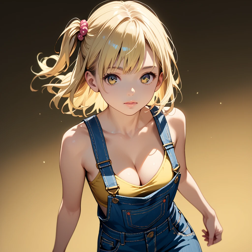 amazing quality, newest, absurdres, realistic lighting,
Cowboy shot, Dynamic angle,1girl, solo, 
Blonde Medium Hair, one side up, 
yellow bikini, overalls, cleavage,
Dynamic pose,
gold background,
anime style, detailed face,
