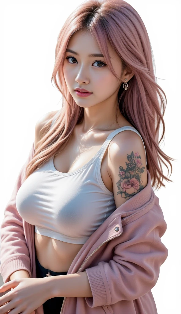masterpiece, best quality, realistic, 1girl, pink hair, big ass, realistic legs, black lingerie, stockings, stilettos, in full growth