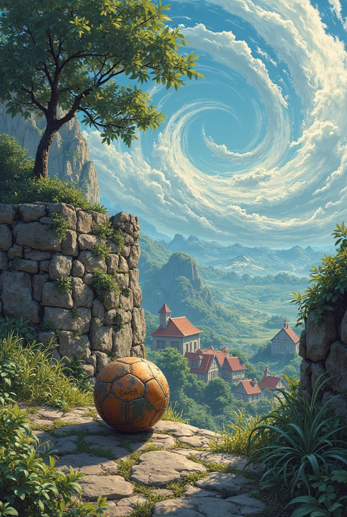  View of Madeira village — strong wind, Garon football with stone wall, magnificent wind drawing.