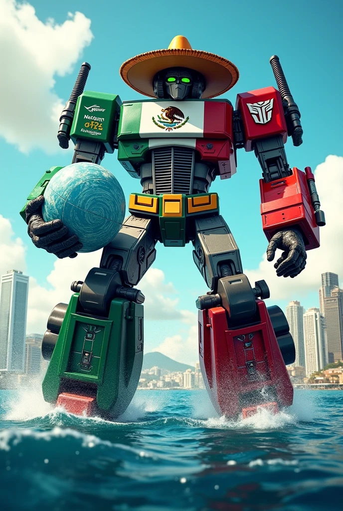 a (giant robot:1.6) like optimus prime, emerging from the sea towards the shores of a city, the robot has the colors of the Mexican flag, and a giant charro hat, in one hand it carries a sphere with ocean waves spinning inside (forming a circle with different shades of blue), in the other it carries a giant sign that says "Seaart 2nd Anniversary"