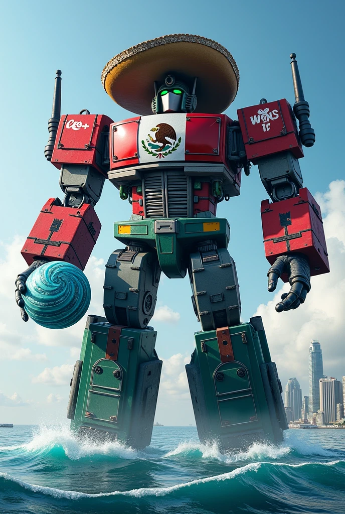 a (giant robot:1.6) like optimus prime, emerging from the sea towards the shores of a city, the robot has the colors of the Mexican flag, and a giant charro hat, in one hand it carries a sphere with ocean waves spinning inside (forming a circle with different shades of blue), in the other it carries a giant sign that says "Seaart 2nd Anniversary"