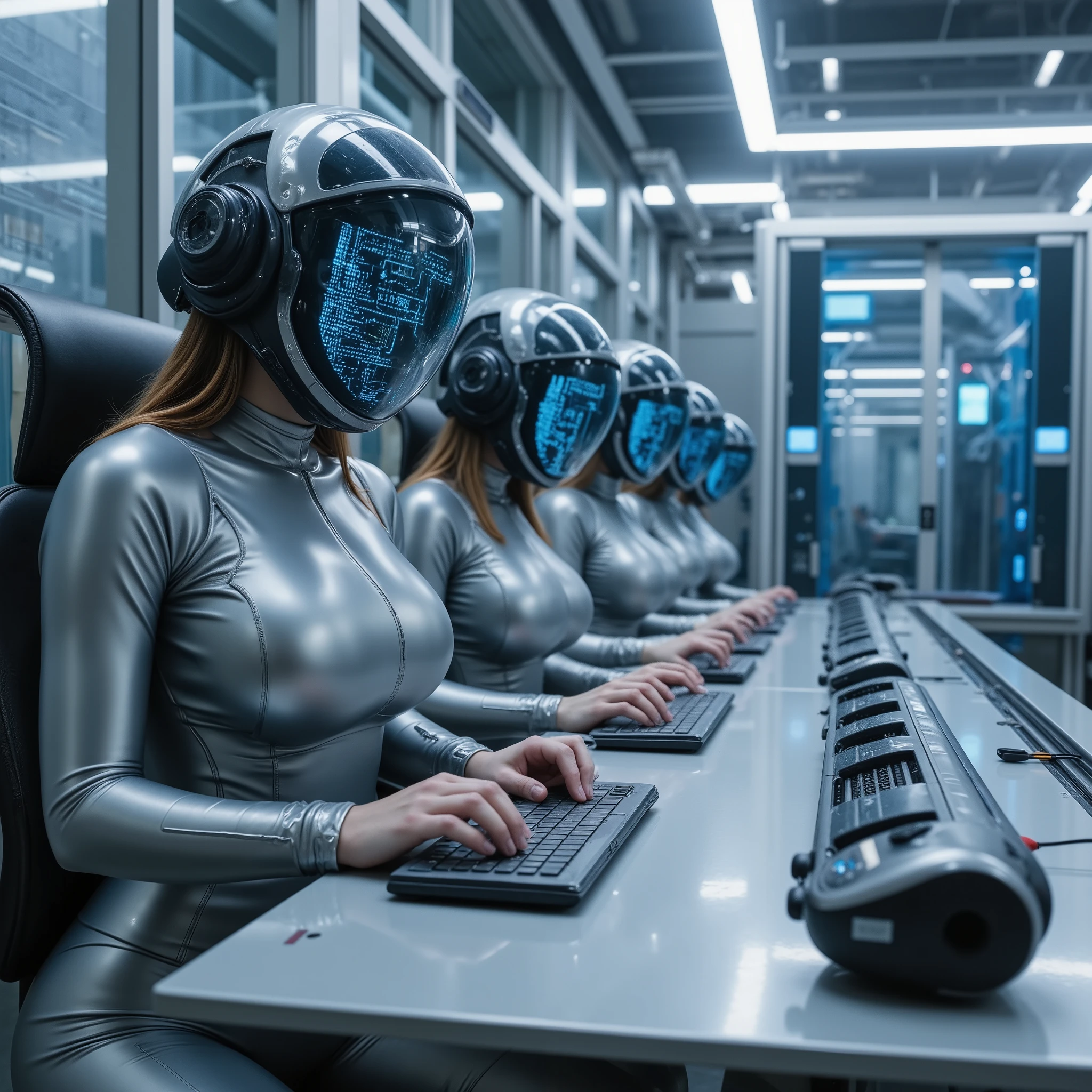 Masterpiece sci-fi photo, photorealistic sideview of several slim young ((((fullbreasted)))) women sitting at a long shiny metal desk with integrated keyboards typing with their fingers. Their heads are completely enclosed by closed clear transparent round helmets, the surface of the helmets is completely covered by blue glowing holographic datarows. They all have tight waist, (((((enormous huge round breasts completely covered by closed bodyfitting tight silver latexsuit))))), inside a futuristic far advanced technology clean sci-fi office with shiny metal walls and countless holographic displays and datarows. The artificial white lighting is reflecting everywhere but also casts interesting shadows, (((hyper detailed))), UHD, 32K