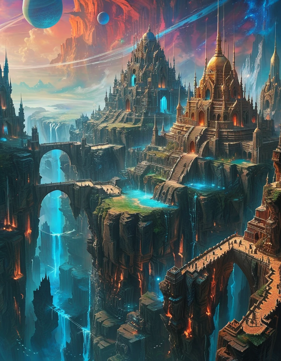 A colorful massive, Infinite Spires surrounded by beautiful nature. The spaceship, a fantasy illustration in the style of a masterpiece of digital art. Bright colors, rich details, has a prominent circular small window emitting a glowing blue light, under a rainy clouds-filled sky. Incorporate ultramarine and cyan to enhance the dreamlike, background in the universe Venus