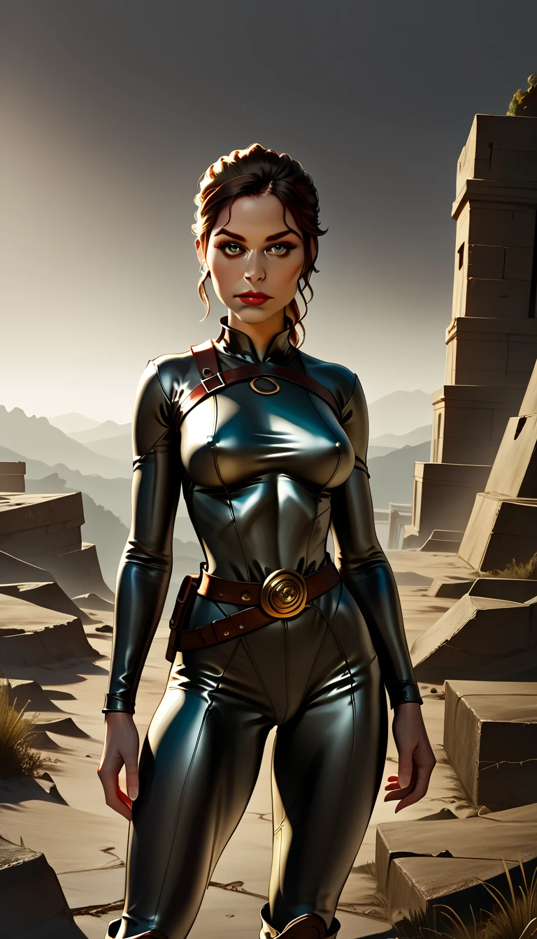 Lara Croft, thick brown hair, ponytail, detailed face, adventurous expression, athletic pose, leather outfit, adventurer, exploring ancient ruins, 4K, ultra-detailed, photorealistic, dramatic lighting, cinematic atmosphere, moody color palette, dark shadows, fantasy landscape, crumbling stone structures, overgrown vegetation, dramatic sky, volumetric lighting