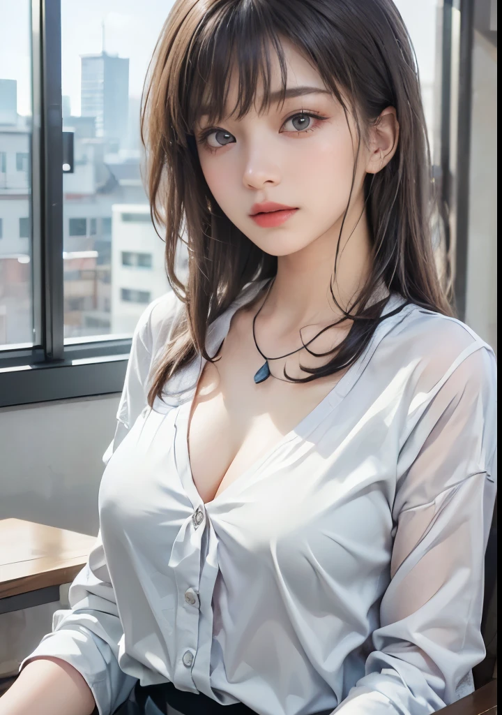 (run a high class brothel、A devilishly beautiful madam who sells useless prostitutes to organ brokers..),NSFW, masterpiece, highest quality, Accurate, UHD, retina, Super detailed, Award history, High resolution, anatomically correct, (realistic:1.4),Raw photo,(Soft saturation:1.3),(Fair skin:1.2),rough skin, 8K,1 girl, alone, mature adult woman, Beautiful Evil, evil and sneaky sexy woman, (perfectly beautiful woman, perfectly beautiful face, Perfectly beautiful eyes, perfectly beautiful nose, perfectly beautiful nose孔, perfectly beautiful lips),(Chestnut hair tied on top of head),(compensate:1.3),(eye reflection:1.3, solid circle eye, ring-shaped eyes, Sparkling pupils:1.2, long eyelashes:0.7, amber eyes),(crystal earrings, necklace), sleepy, parted lips, boredom, (enchanting smile:1.4, cruel smile:1.4), (natural_breasts, straight_hairstyles, glossy_lips:1.5,lip_reflection:1.5), break, (blazer, executive_blouse, tight_skirt, opaque_thigh_highs:1.5),(at the studio, looking at user, from above, tilt_shot:1.5)