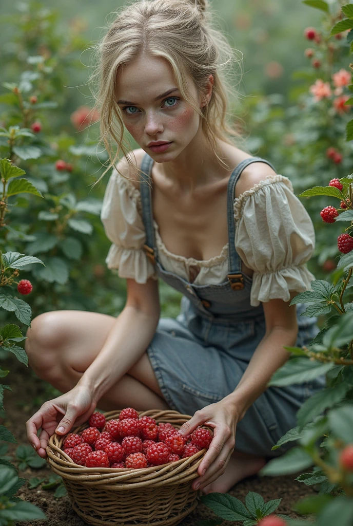 20 yo [Sophia Loren:Maude Adams:0.45] as a beautiful blonde haired Victorian House Work workers, biting ripe juicy apples while tending her vegetables urban garden at her Victorian working class Tiny Apartment backyard, insanely detailed and intricate, bokeh, shallow depth of field, Don Lawrence cinematic photorealistic color comic scene style, low-key, octane render, octane lighting