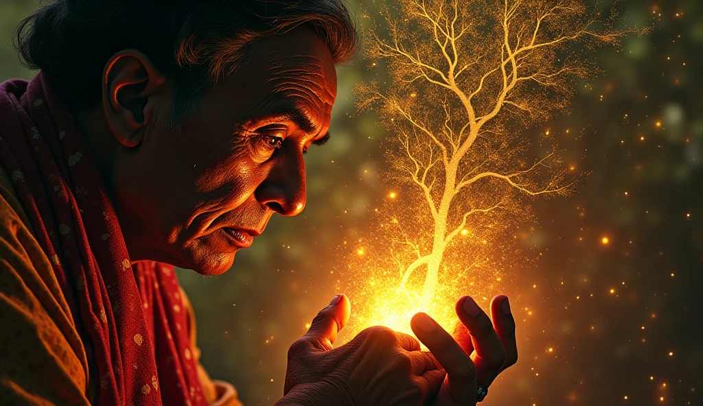 *"An intense Tanjore-style close-up of the grieving husband clutching the midwife's hands, his tear-filled eyes demanding answers. The elderly healer's face shows the weight of divine secrets as her third eye begins to glow, illuminating the air between them with fragments of her prophetic dream - glimpses of celestial mothers, a soul-weaving banyan tree, and a  caught between worlds. His cracked lips form the desperate question 'என்ன கனவு?' (What dream?) as the vision starts to unfold."*  

**Key Details:**  
1. **The Husband's Desperation:**  
   - Blood-stained hands gripping the healer's wrists  
   - Tears creating channels through the sacred ash on his face  
   - Shadow splitting into three versions of himself (past, present, future)  

2. **The Emerging Vision:**  
   - Floating dream fragments show:  
     * His wife as a divine figure nursing multiple souls  
     * Annamalai mountain shaped like a giant cradle  
     * The banyan tree's roots forming Tamil letters "ஈழம்" (womb)  

3. **Sacred Connection:**  
   - Their joined hands creating a glowing umbilical cord of light  
   - Medicinal herbs from the healer's pouch swirling into fate patterns  
   - The husband's wedding tali pulsing with residual energy  

**Art Style:**  
- Kerala mural emotion in facial expressions  
- Gold leaf ONLY on:  
  - Third eye glow  
  - Floating dream fragments  
  - Umbilical light  
- Hyper-realistic textures of skin and tears  

**Lighting:**  
- Dramatic chiaroscuro from the emerging vision  
- The husband's body absorbing all ambient light  
- Dream fragments casting prophetic shadows