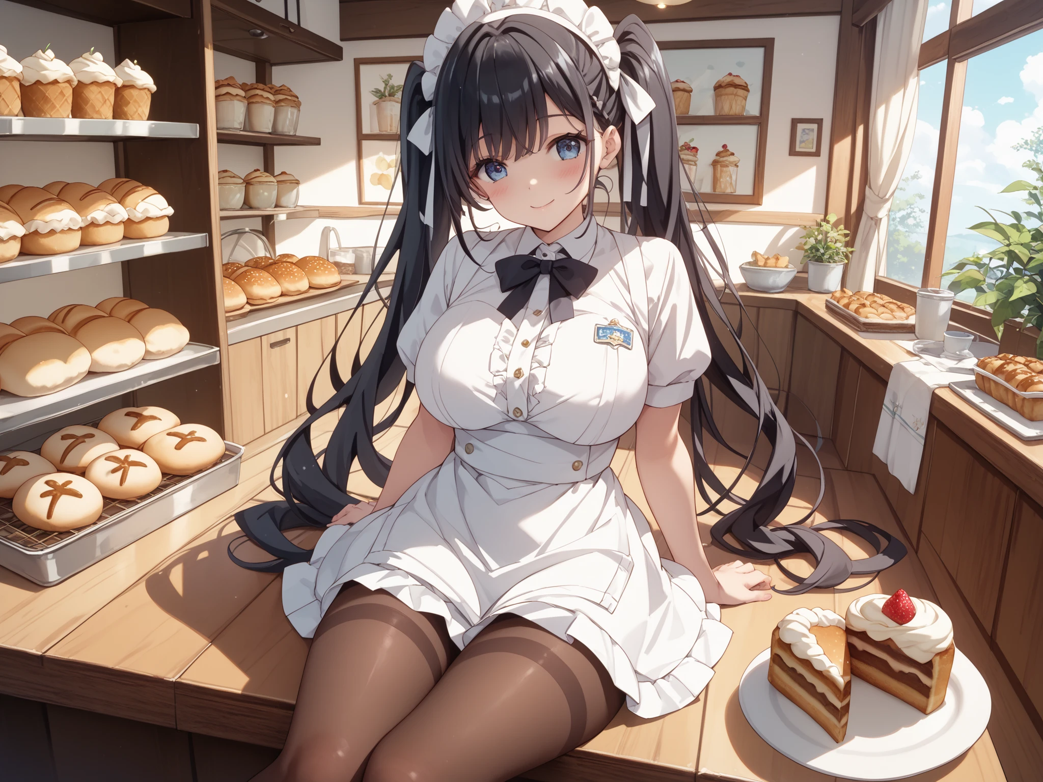 Japanese、black hair、long hair、twin tails、Amikomi、 huge white ribbon 、1 girl、アンナミラーズ、bakery waitress uniform、bakery uniform、Big Breasts、sitting、Pantyhose、masterpiece、best quality、uncensored