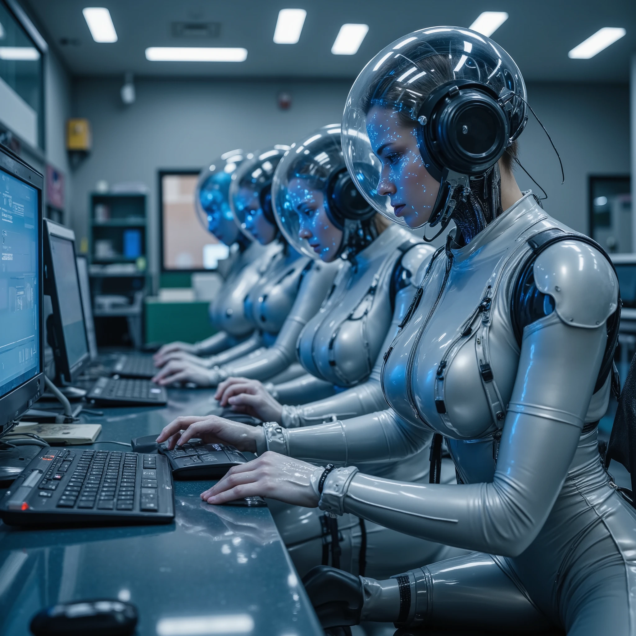 Masterpiece sci-fi photo, photorealistic sideview of several slim young ((((fullbreasted)))) women sitting at a long shiny metal desk with integrated keyboards typing with their fingers. Their heads are completely enclosed by closed clear transparent round helmets, the surface of the helmets is completely covered by blue glowing holographic datarows. They all have tight waist, (((((enormous huge round breasts completely covered by closed bodyfitting tight silver latexsuit))))), inside a futuristic sci-fi office with shiny metal walls and countless holographic displays and datarows. The artificial white lighting is reflecting everywhere but also casts interesting shadows, (((hyper detailed))), UHD, 32K