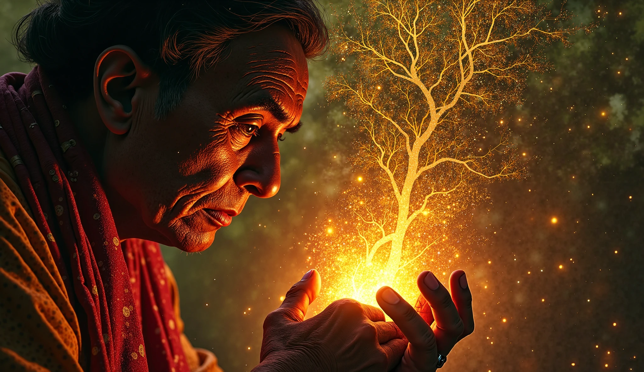 *"An intense Tanjore-style close-up of the grieving husband clutching the midwife's hands, his tear-filled eyes demanding answers. The elderly healer's face shows the weight of divine secrets as her third eye begins to glow, illuminating the air between them with fragments of her prophetic dream - glimpses of celestial mothers, a soul-weaving banyan tree, and a  caught between worlds. His cracked lips form the desperate question 'என்ன கனவு?' (What dream?) as the vision starts to unfold."*  

**Key Details:**  
1. **The Husband's Desperation:**  
   - Blood-stained hands gripping the healer's wrists  
   - Tears creating channels through the sacred ash on his face  
   - Shadow splitting into three versions of himself (past, present, future)  

2. **The Emerging Vision:**  
   - Floating dream fragments show:  
     * His wife as a divine figure nursing multiple souls  
     * Annamalai mountain shaped like a giant cradle  
     * The banyan tree's roots forming Tamil letters "ஈழம்" (????)  

3. **Sacred Connection:**  
   - Their joined hands creating a glowing umbilical cord of light  
   - Medicinal herbs from the healer's pouch swirling into fate patterns  
   - The husband's wedding tali pulsing with residual energy  

**Art Style:**  
- Kerala mural emotion in facial expressions  
- Gold leaf ONLY on:  
  - Third eye glow  
  - Floating dream fragments  
  - Umbilical light  
- Hyper-realistic textures of skin and tears  

**Lighting:**  
- Dramatic chiaroscuro from the emerging vision  
- The husband's body absorbing all ambient light  
- Dream fragments casting prophetic shadows