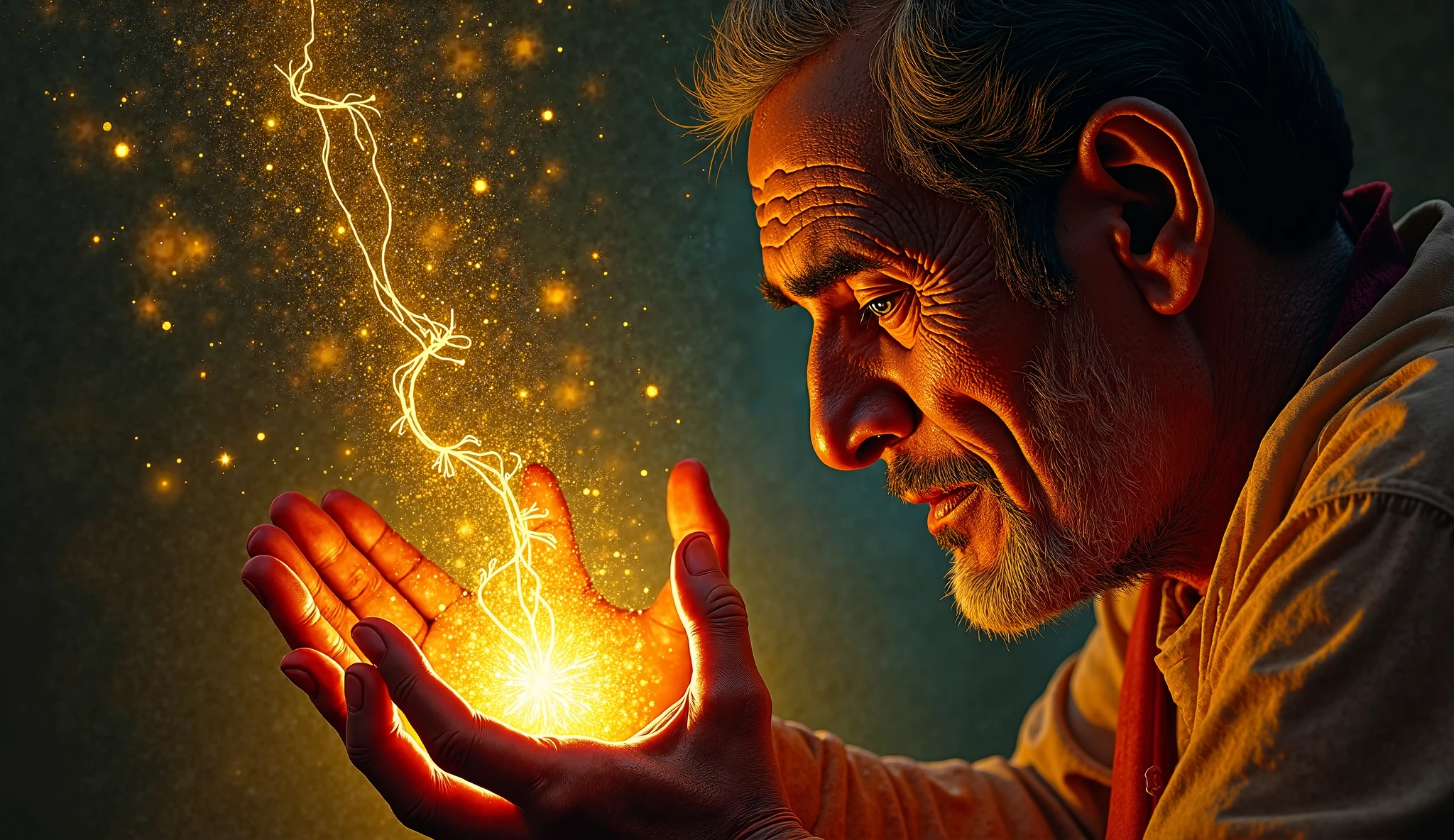 *"An intense Tanjore-style close-up of the grieving husband clutching the midwife's hands, his tear-filled eyes demanding answers. The elderly healer's face shows the weight of divine secrets as her third eye begins to glow, illuminating the air between them with fragments of her prophetic dream - glimpses of celestial mothers, a soul-weaving banyan tree, and a  caught between worlds. His cracked lips form the desperate question 'என்ன கனவு?' (What dream?) as the vision starts to unfold."*  

**Key Details:**  
1. **The Husband's Desperation:**  
   - Blood-stained hands gripping the healer's wrists  
   - Tears creating channels through the sacred ash on his face  
   - Shadow splitting into three versions of himself (past, present, future)  

2. **The Emerging Vision:**  
   - Floating dream fragments show:  
     * His wife as a divine figure nursing multiple souls  
     * Annamalai mountain shaped like a giant cradle  
     * The banyan tree's roots forming Tamil letters "ஈழம்" (womb)  

3. **Sacred Connection:**  
   - Their joined hands creating a glowing umbilical cord of light  
   - Medicinal herbs from the healer's pouch swirling into fate patterns  
   - The husband's wedding tali pulsing with residual energy  

**Art Style:**  
- Kerala mural emotion in facial expressions  
- Gold leaf ONLY on:  
  - Third eye glow  
  - Floating dream fragments  
  - Umbilical light  
- Hyper-realistic textures of skin and tears  

**Lighting:**  
- Dramatic chiaroscuro from the emerging vision  
- The husband's body absorbing all ambient light  
- Dream fragments casting prophetic shadows