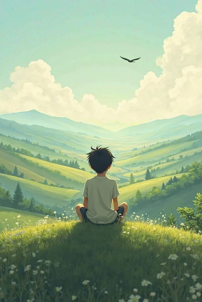 Alone boy sit on top of hill