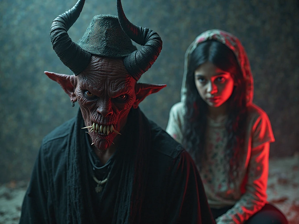 A closeup of a child and a man in devil's garb, Rupert Murdoch como o Diabo, ron desantis as satan, daughter of Satan, satanic, fazendo um acordo com o diabo, imagem assustadora em cores, diabo atrevido, satanic horror, conjuring a demon, Tom espera como Hellboy, chifres vermelhos, Satan, Satanic Carl Sagan, Demon girl, conjure demons