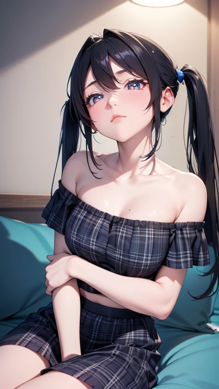 Amazing portrait of a sexy woman with her black hair in a single braid having a long forehead with seductive eyes and her lips parted smiling with the deepest blush wearing an off shoulder olive green t shirt and blue short shorts lying on the bed being very seductive and aroused