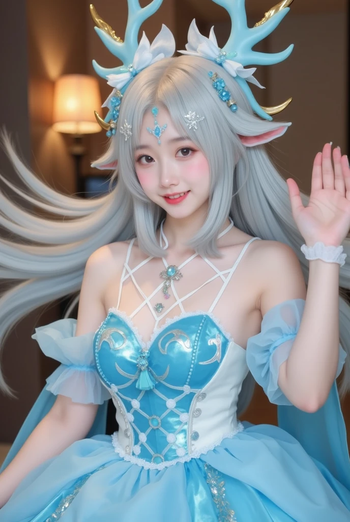 Uma mulher com cabelo branco e mechas azuis, uma coroa no formato de estrela, a braid with star clip and elf ears, your right eye is closed, seu olho esquerdo tem a cor azul, um belo sorriso, She wears a white superhero costume with blue and gold details., Pantyhose on the right leg, uma meia branca na perna esquerda com detalhes dourados e babados azuis, uma capa no formato de asas, a background of a starry sky