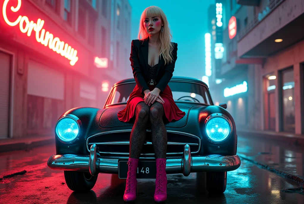 Retro sexy blonde  young girl, white skin, Black tea jacket, blouse, red skirt, black lace tights, pink high-heeled shoes, Sitting on the hood of the car Pegasus 1950 glossy black, wheels phosphorescent electric blue, a street wet, Fog on the street Makeup, Gradient Hair Color, buildings, starry night Cinematic lighting, semitone, Chiaroscuro, UHD, Very detailed, high quality, The best quality, Post-apocalyptic world alley, Underworld laser rays, Cloudy skies and fogs Big breasts,  breasts, Imax Cinematic lighting, bright light,  Overexposure, high quality, Cyberpunk Big Breasts,  breasts, UHD, from above, Suburb Makeup,  Top teeth , Blush all over the face, red lips, Blushing ears, niebla electrica , shoulder-length fireworks, Neon graffiti, Light on the face 