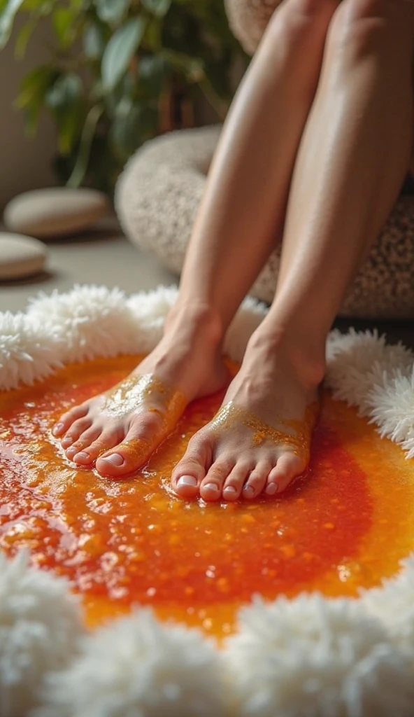 Petite feet in a clear vat of raw beef, realism
