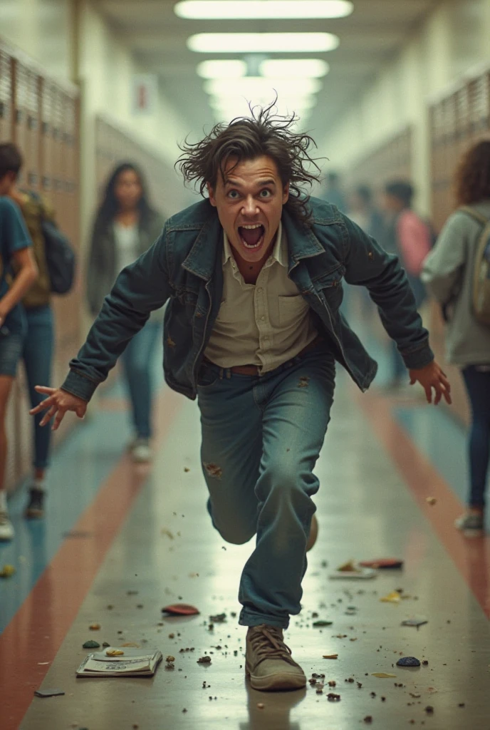 A  actor was caught in an explosion in a classroom while filming a comedy movie and was left covered in soot and in tatters.