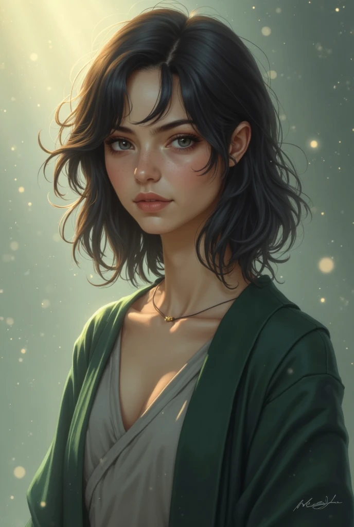 Medium-length dark hair with a slightly tousled, layered style, wearing a soft gray tunic under a dark green open coat. The skin tone is fair with a smooth texture. The background features a softly glowing light with subtle particles, creating a peaceful and serene atmosphere. The light appears to come from the left side, casting gentle shadows.